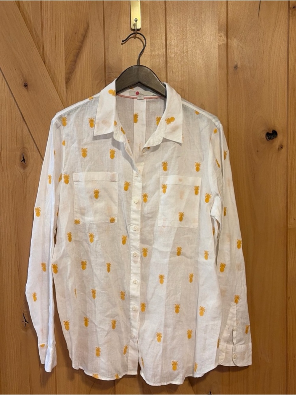 Boden Linen Pineapple Embroidered Button Up Shirt Size 10 Tropical Resort Blouse